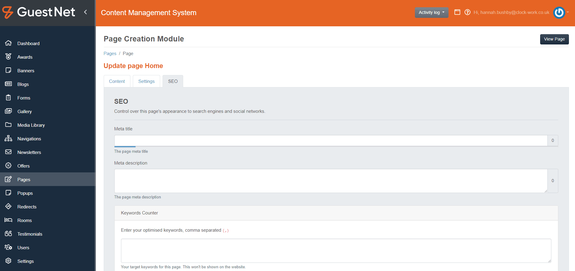 Clockwork CMS Page edit